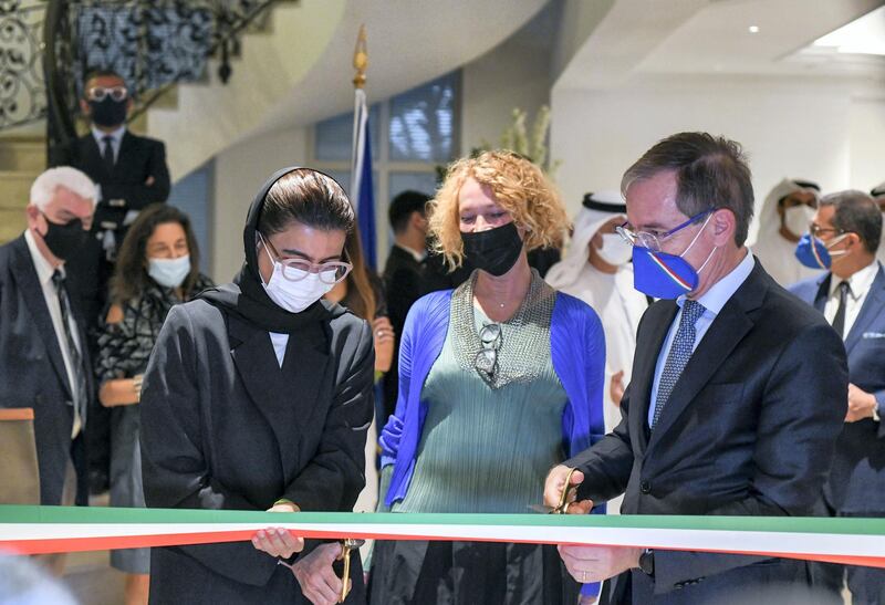 Ribbon Cutting Ceremony of DIVA-AD From left, Noura Al Kaabi, UAE Minister of Culture & Knowledge Development, Ida Zillio-Grandi, Director of the Italian Cultural Institute, and Nicola Lener, Italian Ambassador to the United Arab Emirates, cut the ribbon for the launch of DIVA! at the Italian Cultural Institute Abu Dhabi on June 22, 2021. Khushnum Bhandari/ The National
Reporter: Farah Andrews Luxury/ Lifestyle