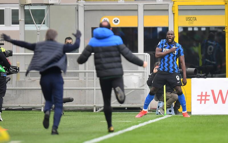 Romelu Lukaku celebrates scoring Inter's third goal. Reuters