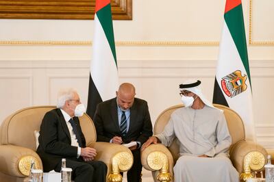Sergio Mattarella, president of Italy, offers condolences to President Sheikh Mohamed. Photo: Ryan Carter/Ministry of Presidential Affairs