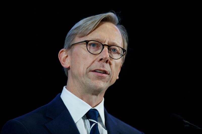 FILE - In this Nov. 29, 2018 file photo, Brian Hook, U.S. special representative for Iran, speaks at the Iranian Materiel Display at Joint Base Anacostia-Bolling in Washington. The U.S. continues to push for an end of the four-nation boycott of Qatar, even after the hospitalization of Kuwait's ruling emir who led talks to resolve the yearslong dispute, Hook told journalists Sunday, July 26, 2020. (AP Photo/Carolyn Kaster, File)