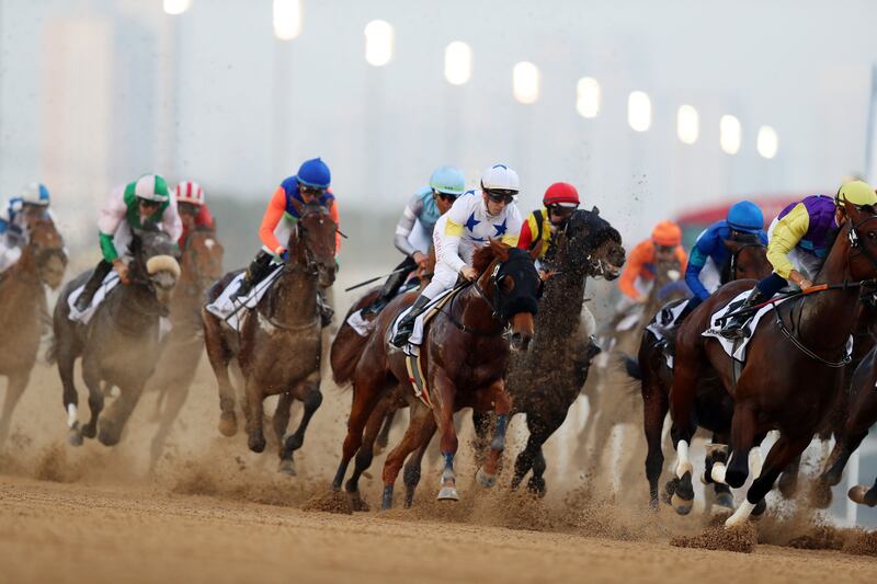 Runners in the UAE Derby during the Dubai World Cup meeting at Meydan Racecourse. The honours went to Crown Pride, with jockey Damian Lane aboard. Chris Whiteoak / The National