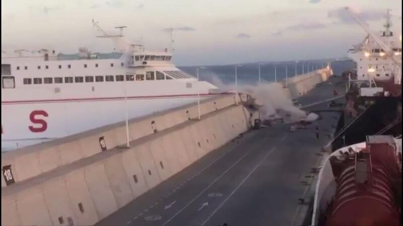 The Naviera Armas ferry hits the breakwater at Puerta de la Luz, Gran Canaria, Spain. 13 people were injured in the incident. EMERGCAN via AP