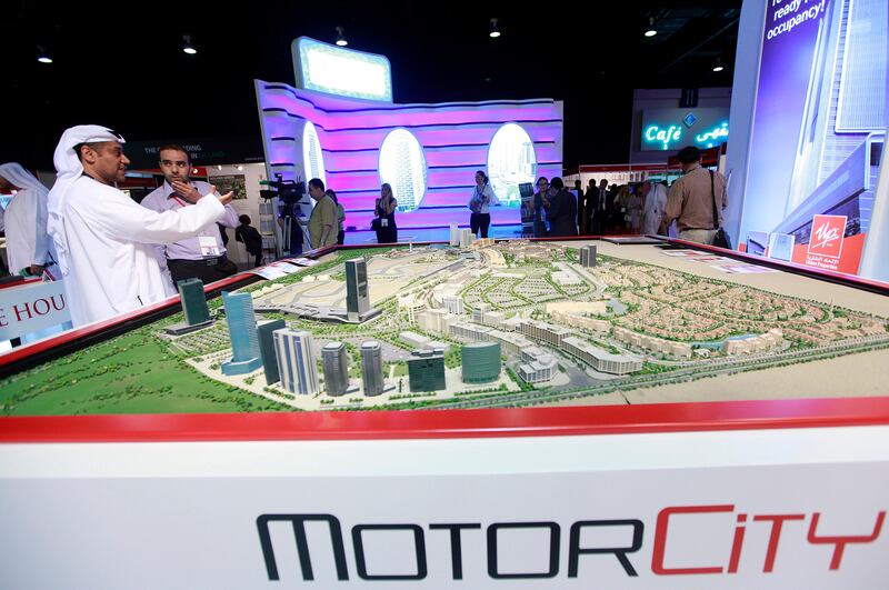 Dubai , United Arab Emirates- September 27,  2011:    Visitors browse the  Union Properties, Motorcity Projects  at  the Cityscape Global in Dubai.  ( Satish Kumar / The National ) For Business