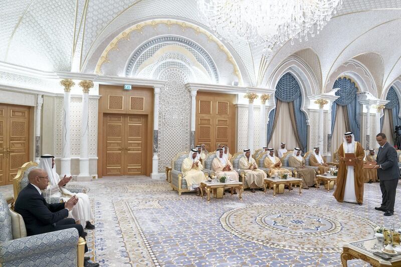 ABU DHABI, UNITED ARAB EMIRATES - February 02, 2020: HH Sheikh Mohamed bin Zayed Al Nahyan, Crown Prince of Abu Dhabi and Deputy Supreme Commander of the UAE Armed Forces (2nd L) and HE Mohamed Ould Ghazouani, President of Mauritania (L), witness an MOU exchange between HE Ismael Ould Cheikh Ahmed, Minister of Foreign Affairs and International Cooperation (R) and HE Ali Mohamed Hammad Al Shamsi, Deputy Secretary-General of the UAE Supreme National Security Council (2nd R), during an official visit at Qasr Al Watan. Seen with (3rd L-R) HH Sheikh Hazza bin Zayed Al Nahyan, Vice Chairman of the Abu Dhabi Executive Council, HH Lt General Sheikh Saif bin Zayed Al Nahyan, UAE Deputy Prime Minister and Minister of Interior, HH Sheikh Mansour bin Zayed Al Nahyan, UAE Deputy Prime Minister and Minister of Presidential Affairs, HH Sheikh Hamed bin Zayed Al Nahyan, Abu Dhabi Executive Council Member, HH Sheikh Abdullah bin Zayed Al Nahyan, UAE Minister of Foreign Affairs and International Cooperation and HH Major General Sheikh Khaled bin Mohamed bin Zayed Al Nahyan, Deputy National Security Adviser, member of the Abu Dhabi Executive Council and Chairman of Abu Dhabi Executive Office.


( Hamad Al Kaabi  / Ministry of Presidential Affairs )
---