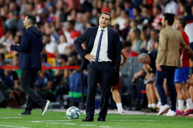 Barcelona coach Ernesto Valverde reacts to Granada's second goal. Reuters