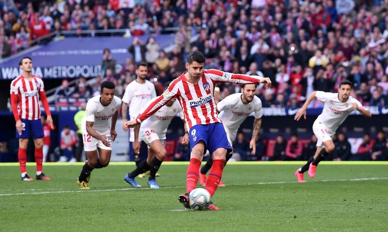 MADRID, SPAIN - MARCH 07: Ãlvaro Morata of Atletico Madrid scores his team's first goal from the penalty spot during the Liga match between Club Atletico de Madrid and Sevilla FC at Wanda Metropolitano on March 07, 2020 in Madrid, Spain. (Photo by Denis Doyle/Getty Images)