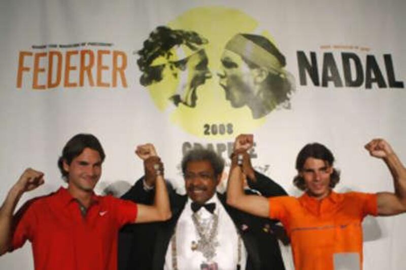 The boxing promoter Don King, centre, has been roped in to promote the slug-fest of Roger Federer and Rafael Nadal at the US Open.