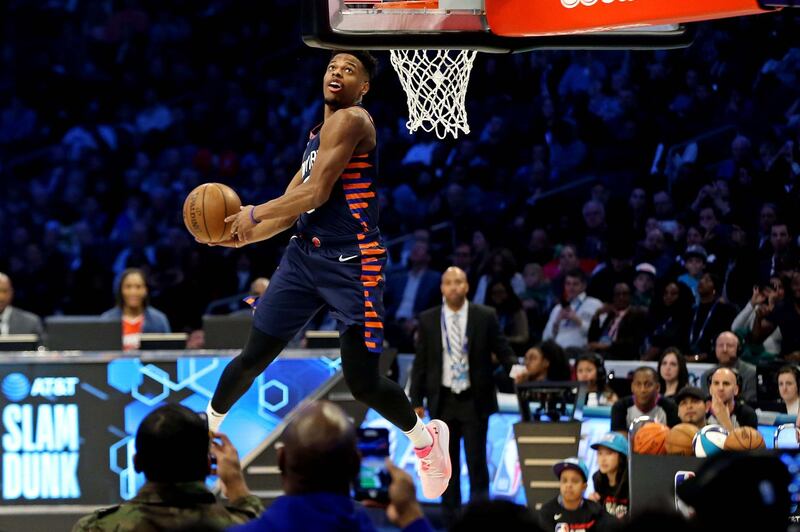 New York Knicks forward Dennis Smith Jr in the Slam Dunk Contest during the NBA All-Star Saturday Night at Spectrum Center. Bob Donnan/USA TODAY Sports