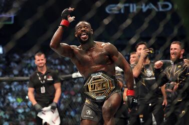 Aljamain Sterling (black shorts) takes on TJ Dillashaw in the bantamweight title fight at UFC 280 in Abu Dhabi. Chris Whiteoak / The National