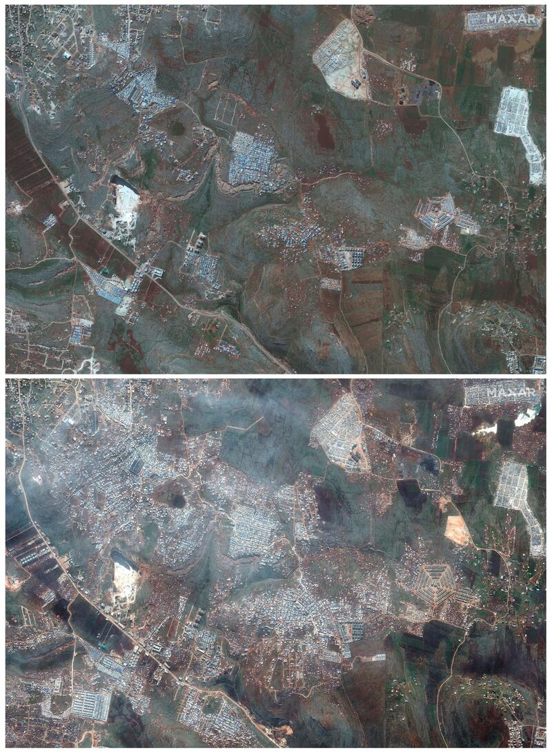 This combination of satellite images provided by Maxar Technologies shows an area near Kafaldin in northern Syria's Idlib province near the Turkish border on Feb. 5, 2019, top, and the same area with a large number of refugee tents for internally displaced people on Feb. 16, 2020, bottom.  AP
