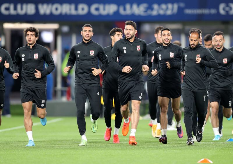 Al Ahly train ahead of the game against Monterrey in the Fifa Club World Cup UAE 2021 at Al Nahyan Stadium in Abu Dhabi. 