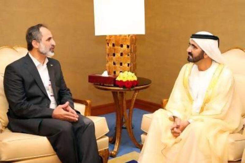 Sheikh Mohammed bin Rashid, the Vice President and Ruler of Dubai, (right) who is leading the UAE delegation at the summit, described Mr Al Khatib's speech as "touching", and an expression of Syria's aspirations.