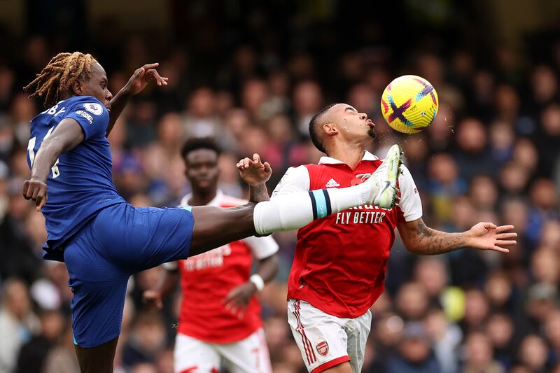 Gabriel Jesus of Arsenal almost takes a boot in the face from Chelsea defender Trevoh Chalobah. Getty