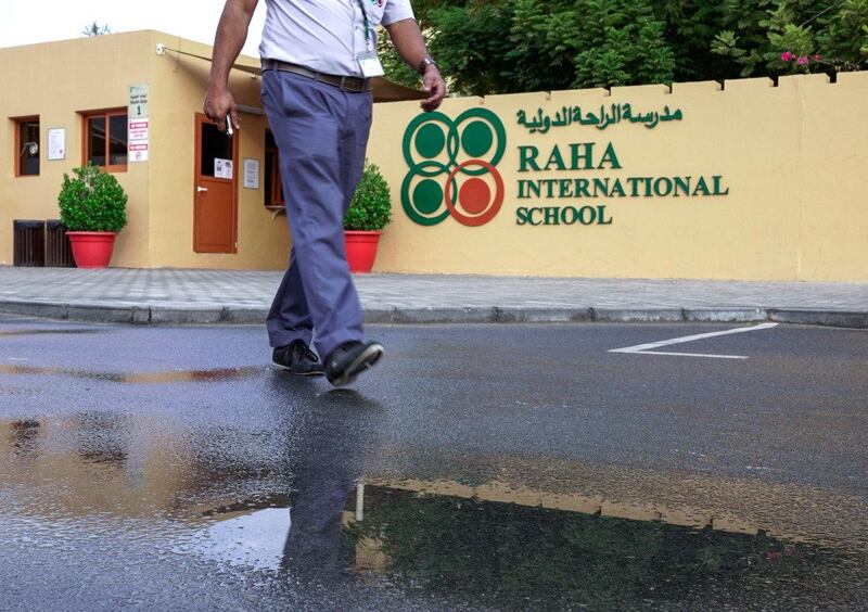 Puddles formed outside Raha International School in Abu Dhabi. Victor Besa / The National