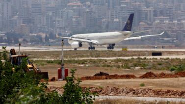 A Saudia plane lands in Beirut, where commercial pilots have experienced interference with GPS navigation systems. Reuters