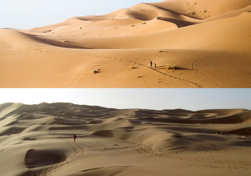 TOP: Sahara desert at sunset. Getty Images

BELOW:
A picture taken on March 16, 2012 shows a foreigner tourist walking outside Qasr al-Sarab Hotel (Mirage Hotel) located on the edge of Rub’ al-Khali (empty quarter) desert south of Abu Dhabi. AFP PHOTO/WISSAM KEYROUZ / AFP PHOTO / Wissam Keyrouz
