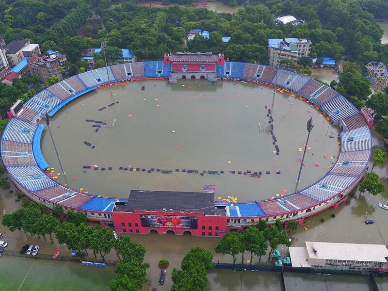 A view of a flooded sports stadium is seen in Wuhan, Hubei province.China Daily via Reuters