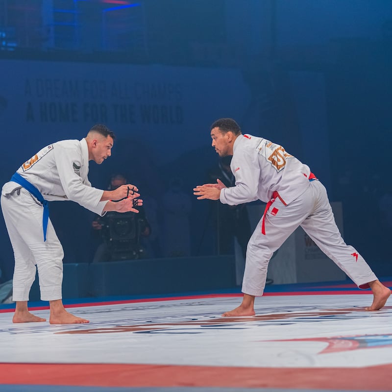 Faisal Al Ketbi (red belt) in action against William Diaz in the 85kg final. Courtesy UAEJJF