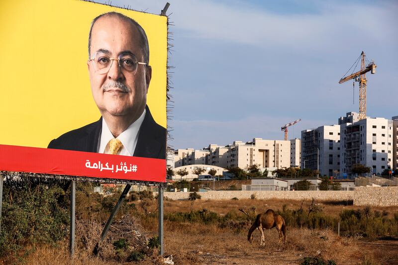 A poster of Arab politician Ahmad Tibi of the Ta'al party in his home town of Taibe in Gilboa region. Reuters