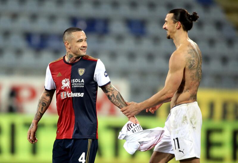 Radja Nainggolan of Cagliari and Zlatan Ibrahimovic at the end of the match. Getty Images