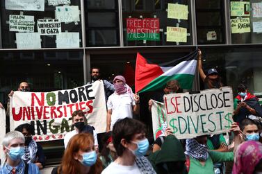 LONDON, ENGLAND - JUNE 17: Pro Palestine students and protesters demonstrate outside the London School of Economics, after ending their protest camp inside the University campus, on June 17, 2024 in London, England. Earlier this month, LSE initiated legal proceedings to secure a court order demanding that the students disband the encampment they established on May 14th. (Photo by Peter Nicholls / Getty Images)