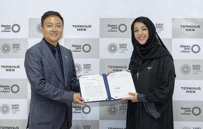 DUBAI, UAE, MARCH 11, 2020 - Her Excellency Reem Al Hashimy UAE Minister of State for International Cooperation; Director General, Dubai Expo 2020 Bureau attends the signing Jeremy with Victor Al Founder & CEO of Terminus at District 2020 (Photo by Suneesh Sudhakaran/Expo 2020)