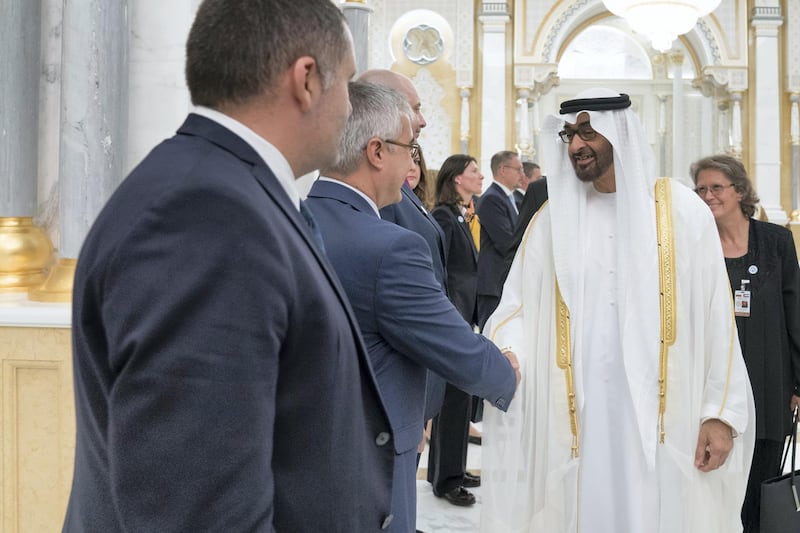 ABU DHABI, UNITED ARAB EMIRATES - October 21, 2018: HH Sheikh Mohamed bin Zayed Al Nahyan, Crown Prince of Abu Dhabi and Deputy Supreme Commander of the UAE Armed Forces (R), greets members of delegation accompanying HE Boyko Borisov, Prime Minister of Bulgaria (not shown), during a reception held at the Presidential Palace.

( Mohamed Al Hammadi / Crown Prince Court - Abu Dhabi )
---