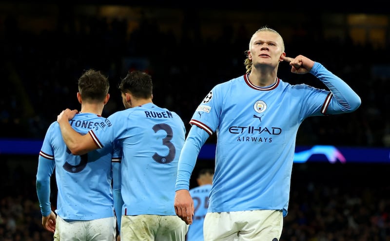 Manchester City's Erling Haaland celebrates the third goal. Reuters