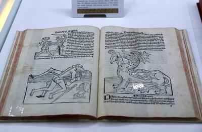 ABU DHABI , UNITED ARAB EMIRATES , January 16 ��� 2019 :- The earliest printed travelogue to the Middle East and Arabia. With over 150 woodcut text illustrations, 14th century  on display at the Manuscripts Conference held at Manarat Al Saadiyat in Abu Dhabi. (Pawan Singh / The National ) For News. Story by Shareena
