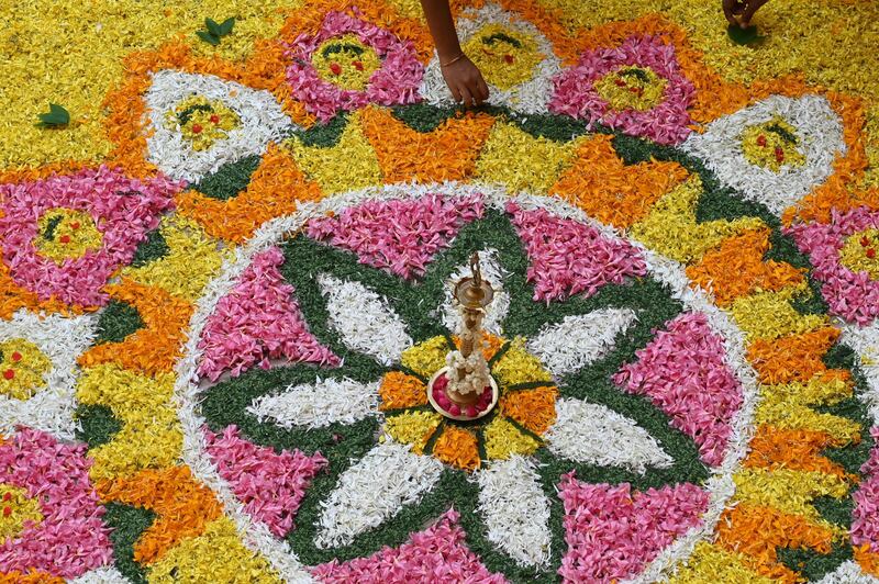 A floral rangoli as part of the Onam festival celebrations at a school in Chennai. AFP