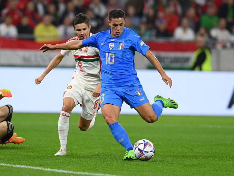 Giacomo Raspadori of Italy scores against Hungary. Getty Images