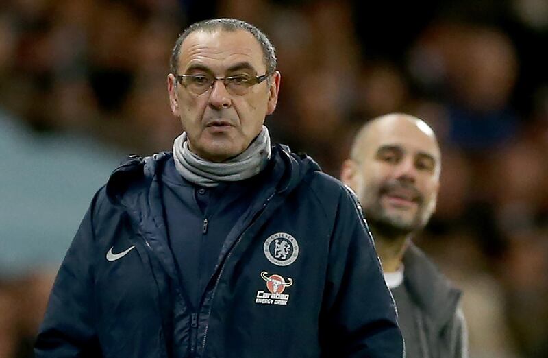 epaselect epa07359772 Chelsea's manager Maurizio Sarri (L) and Manchester City's manager Pep Guardiola during the English premier league soccer match between Manchester City and Chelsea at the Etihad Stadium in Manchester, Britain, 10 February 2019.  EPA/Nigel Roddis EDITORIAL USE ONLY. No use with unauthorized audio, video, data, fixture lists, club/league logos or 'live' services. Online in-match use limited to 120 images, no video emulation. No use in betting, games or single club/league/player publications