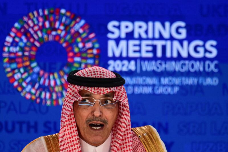 Saudi Finance Minister Mohammed Al Jadaan speaks at IMF headquarters in Washington. AFP