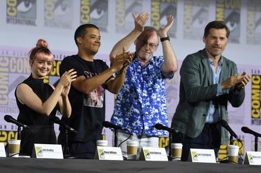 From left: 'Game of Thrones' stars Maisie Williams, Jacob Anderson, Liam Cunningham and Nikolaj Coster-Waldau at the 'Game of Thrones' panel on day two of Comic-Con International: San Diego on Friday, July 19, 2019. AP 