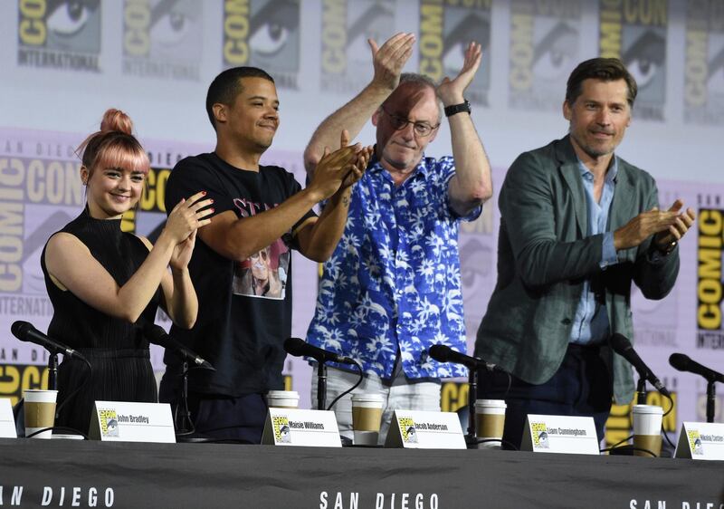 Maisie Williams, from left, Jacob Anderson, Liam Cunningham and Nikolaj Coster-Waldau clap at the conclusion of the "Game of Thrones" panel on day two of Comic-Con International on Friday, July 19, 2019, in San Diego. (Photo by Chris Pizzello/Invision/AP)