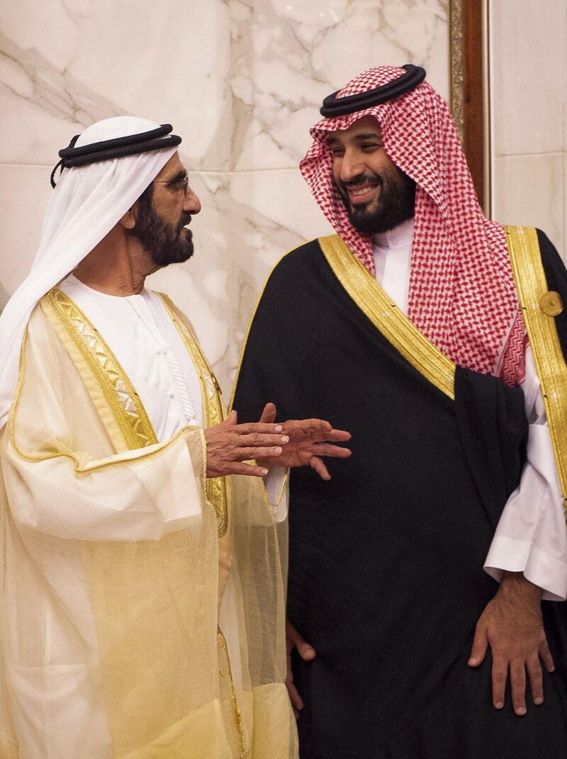 Saudi Crown Prince Mohammed bin Salman and Vice President and Prime Minister of the United Arab Emirates , and ruler of the Emirate of Dubai Mohammed bin Rashid Al-Maktoum, speaking to each other. AFP / Saudi Royal Palace