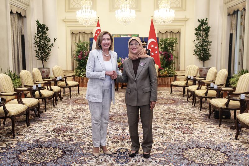 US House Speaker Nancy Pelosi and Singapore's President Halimah Yacob met at the Istana Presidential Palace in Singapore on Monday. EPA / Singapore Ministry of Communications and Information