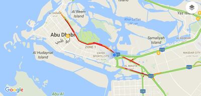 Traffic from Sheikh Zayed Tunnel to beyond Sheikh Zayed Bridge was bumper-to-bumper on Sunday morning. Courtesy Google