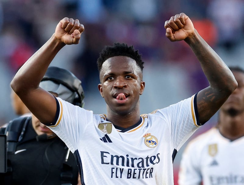Real Madrid's Vinicius Junior celebrates their victory over Barcelona in the clasico. Reuters