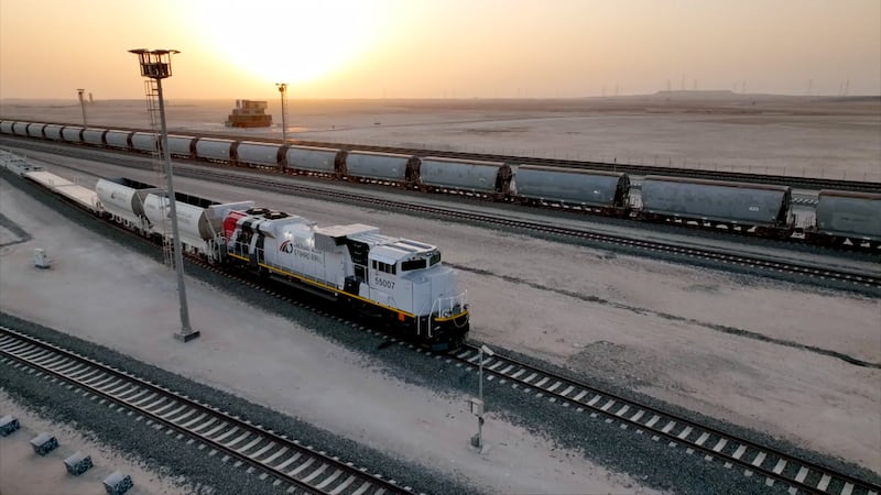 Etihad Rail's locomotives on the line. The freight network extends across the UAE. Photo: Etihad Rail 