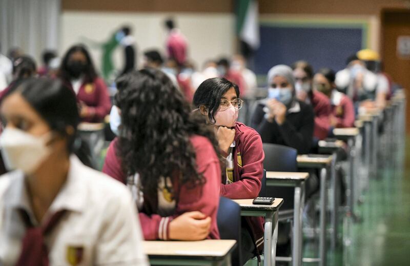 Abu Dhabi, United Arab Emirates - Pupils seated for the Mathematic, grade 11  exam hall at Gems Cambridge International School in Baniyas. Khushnum Bhandari for The National