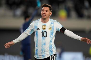 Argentina's Lionel Messi celebrates after scoring against Bolivia during the South American qualification football match for the FIFA World Cup Qatar 2022 at the Monumental Stadium in Buenos Aires on September 9, 2021.  (Photo by Natacha Pisarenko  /  POOL  /  AFP)