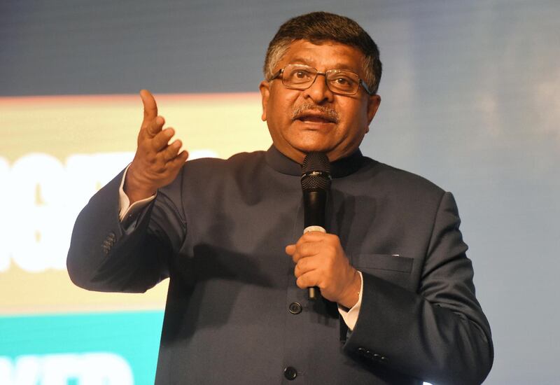 Indian Union Minister for Law and Justice Electronics and Information Technology Ravi Shankar Prasad delivers a speech during a meeting about partnering with Google and small business in New Delhi on January 4, 2017. / AFP PHOTO / Dominique Faget
