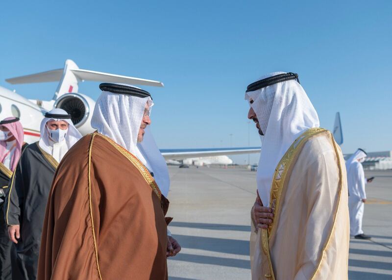 Sheikh Hamdan bin Mohammed, Crown Prince of Dubai, greets Bahrain's Crown Prince Salman bin Hamad on his arrival in Dubai. Photo: @sheikhhamdan