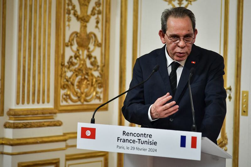 Tunisian Prime Minister Ahmed Hachani speaks during a press conference with French Prime Minister Gabriel Attal at the Hotel de Matignon in Paris. Reuters