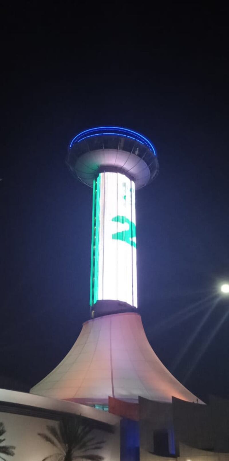 The tower at Marina Mall in Abu Dhabi lights up in green to celebrate the commencement of commercial operations at Unit 1 of Barakah Nuclear Energy Plant, a major step towards the UAE achieving its clean energy ambitions.. Wam