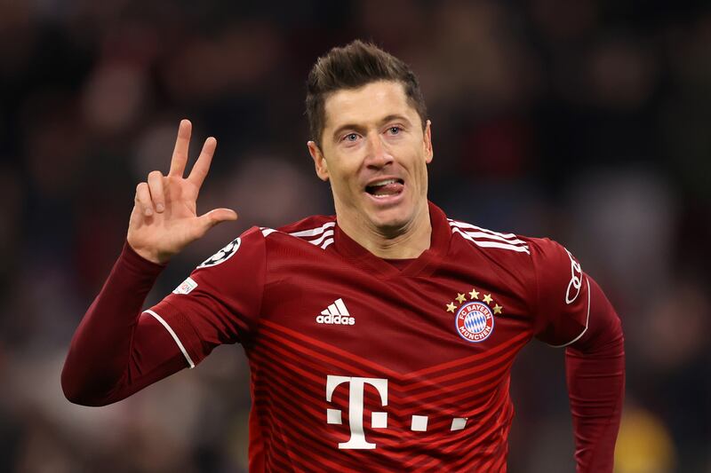 Bayern Munich's Robert Lewandowski celebrates his first-half hat-trick  as his side destroyed Salzburg in the second leg of their last 16 Champions League tie. The first leg ended 1-1, but Bayern were 4-0 ahead by half-time and won 8-2 on aggregate.
Getty