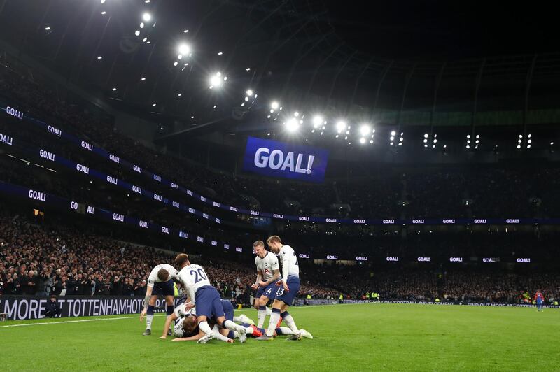 LONDON, ENGLAND - APRIL 03: Heung-Min Son of Tottenham Hotspur celebrates after scoring his team's first goal at their new home. Getty