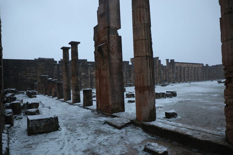 Snow covers Roman monuments in the Libyan town of Shahhat, known in ancient times as Cyrene, in Libya. All photos unless otherwise stated: Ali Al-Saadi