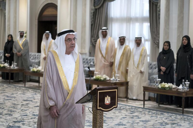 ABU DHABI, UNITED ARAB EMIRATES - October 31, 2017: HE Zaki Anwar Nusseibeh, UAE Minister of State gives his oath, during a swearing-in ceremony for newly appointed ministers, at Mushrif Palace.

( Hamad Al Kaabi / Crown Prince Court - Abu Dhabi )
---